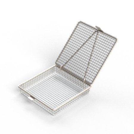 Anysizebasket Light Duty Basket: 6Lx6Wx1H, 304 SS, Hinged Lid with Thumb Clasp, No Handles, Mesh: 2 x .063 FLB-060060010-L02S